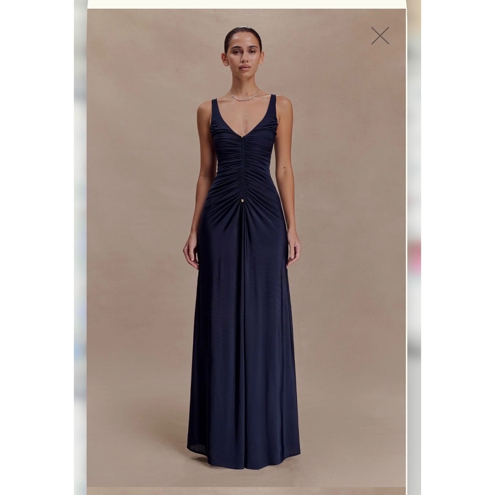 Meshki Perrie Slinky Ruched Maxi Dress Ink Blue Bodycon Maxi Evening Large NWT - Picture 10 of 11
